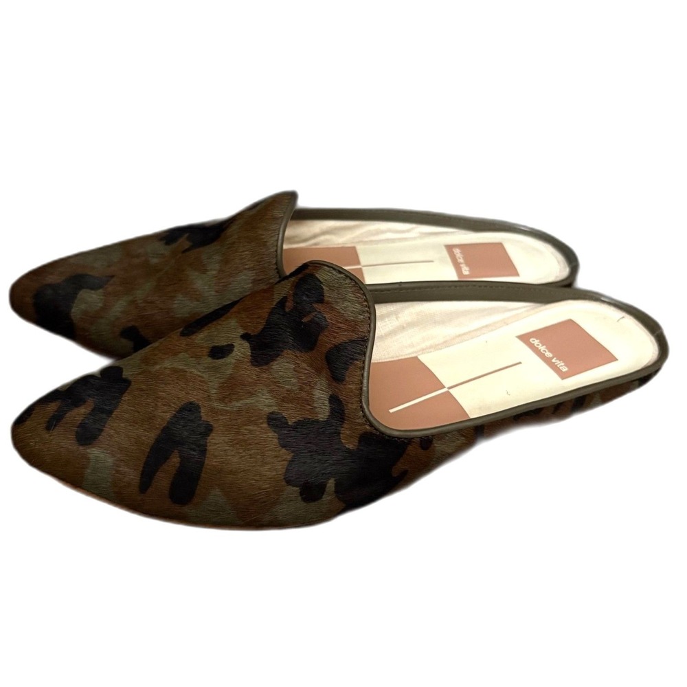 Dolce Vita Grant Camo Calf Hair Pointed Toe Mule Flats Womens 9.5 Green Brown